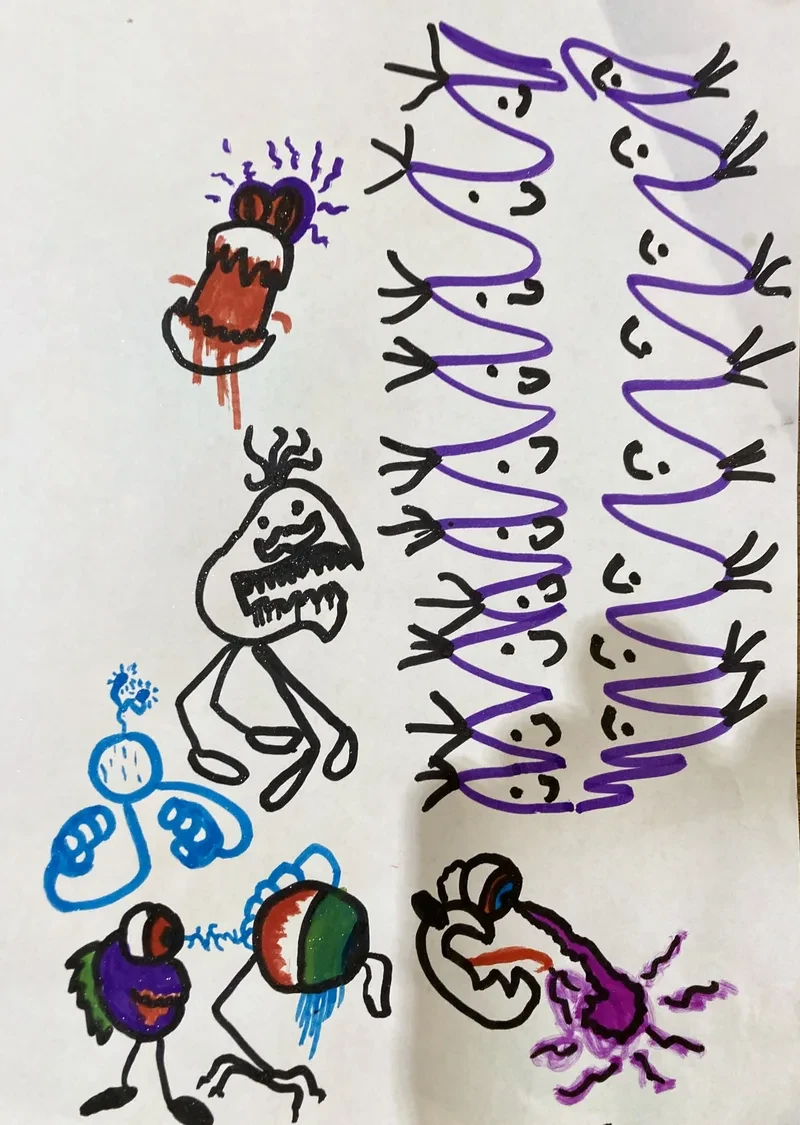 Doodle monsters and purple patterns