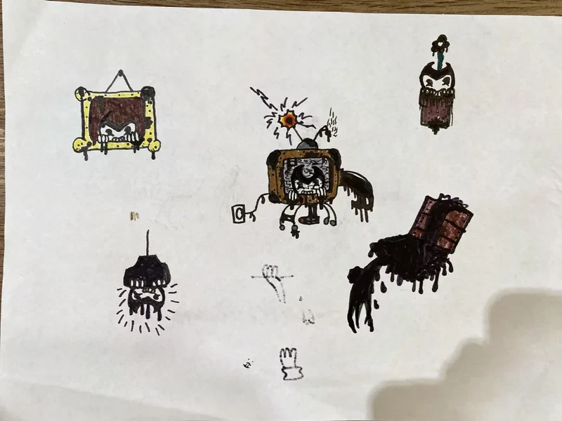 Framed monster and ink creatures