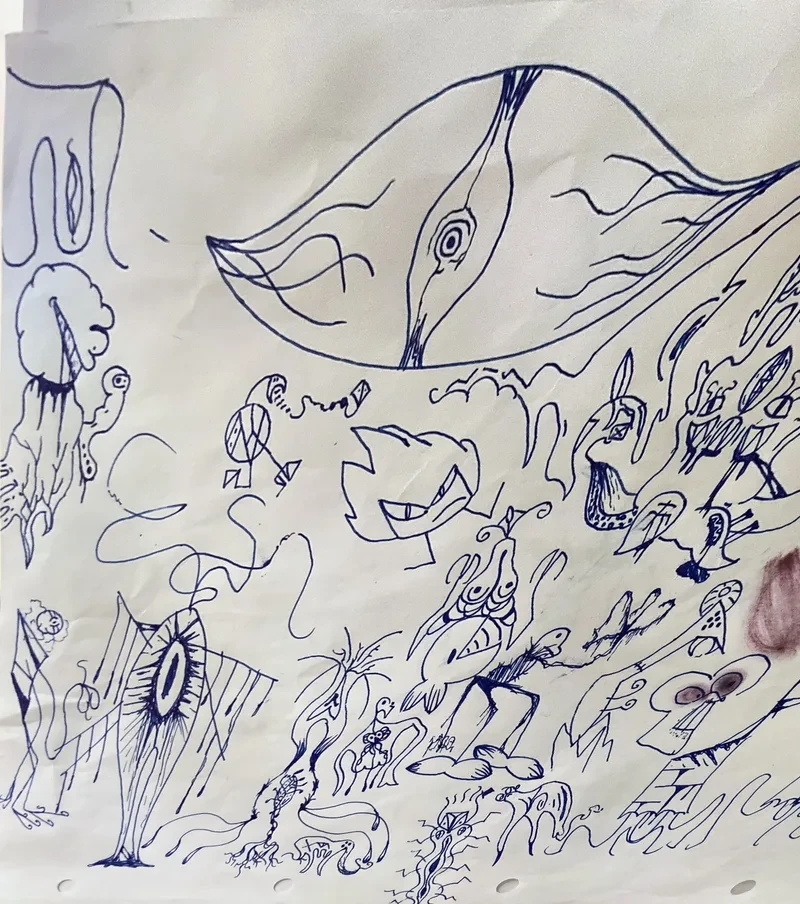 Blue pen tangle of creatures