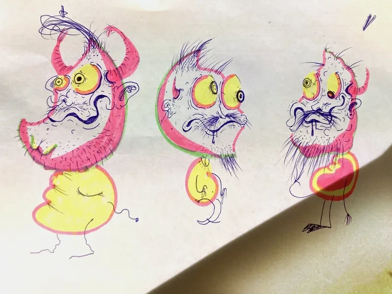 Three pink bearded faces