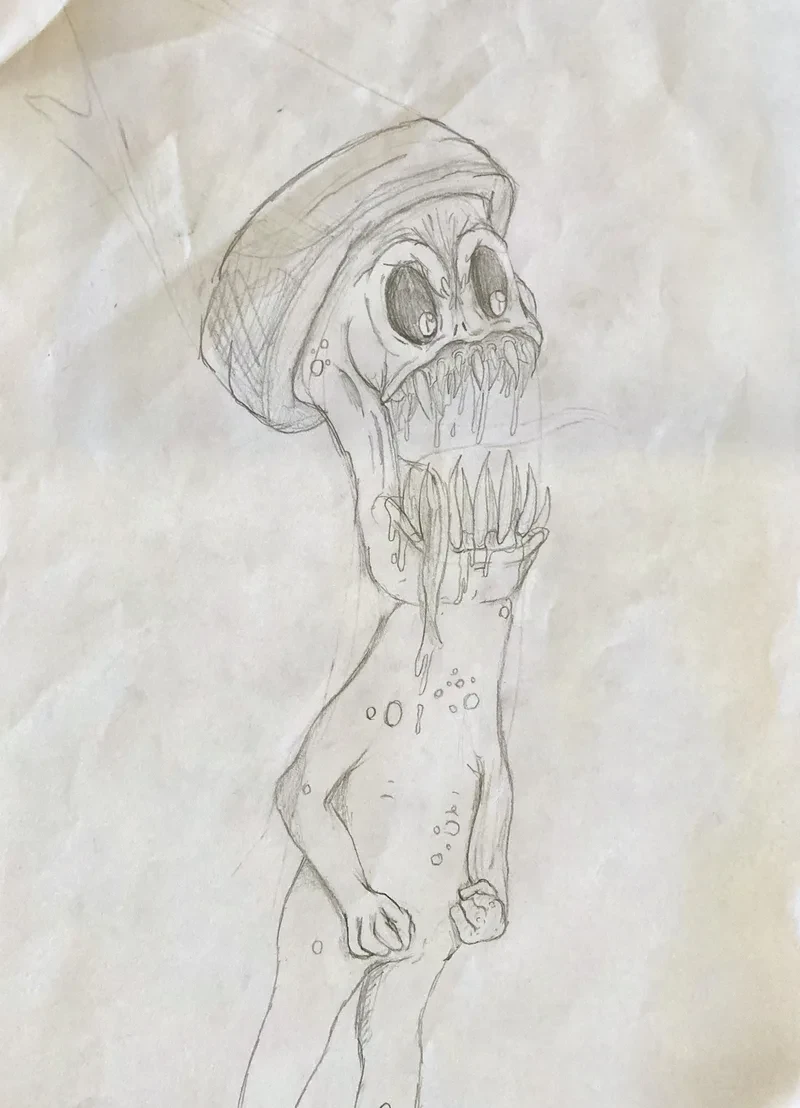 Pencil mushroom hat creature