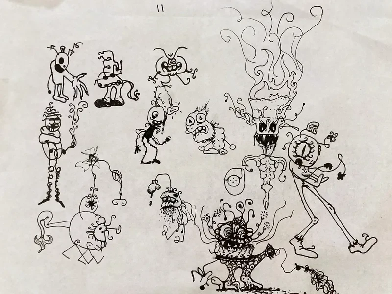 Black ink monster doodles tall tree