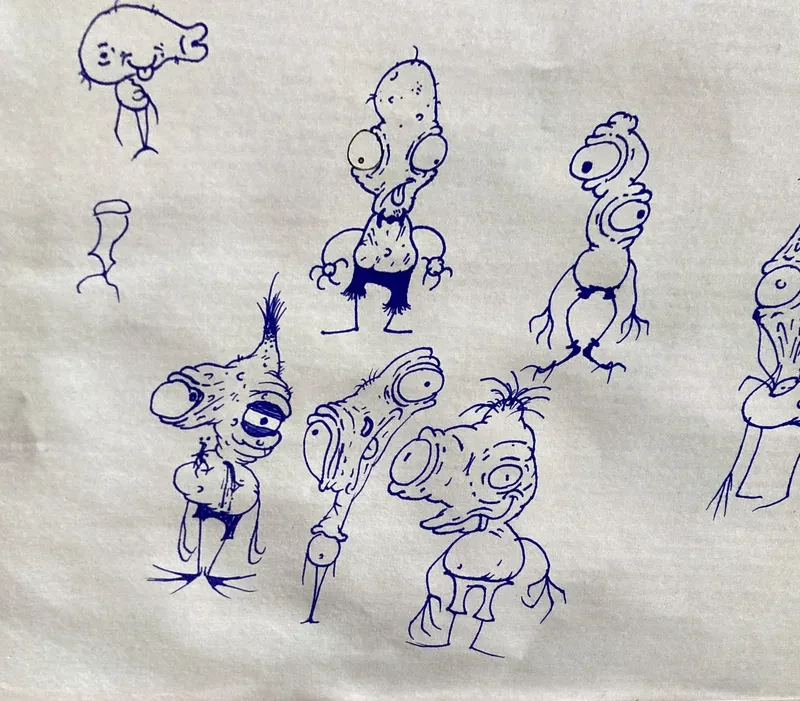 Blue pen big eyed characters