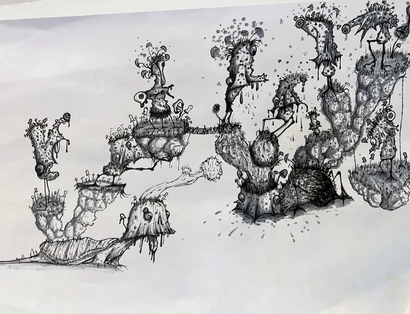 Ink wash floating islands creatures
