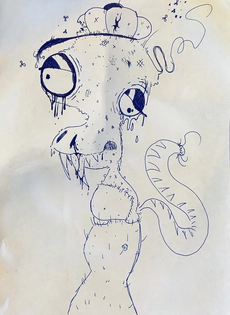 Blue pen fanged creature with tongue